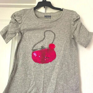 Basic Editions Girls Sequin Grey Pink Tee 14 /16 Size XL ruffled shoulder sleeve